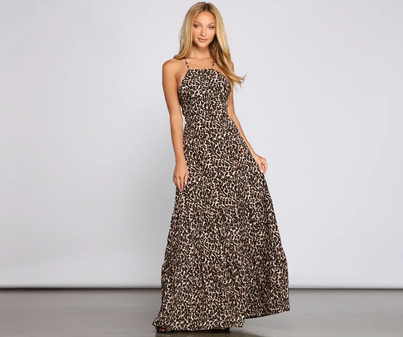 Fiercely Stylish Lace-Up Charming Leopard Maxi Dress