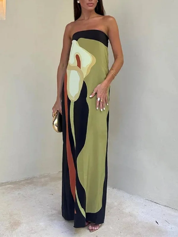 Today Only Contrast Sleeveless Off Charming Shoulder Printed Maxi Dress