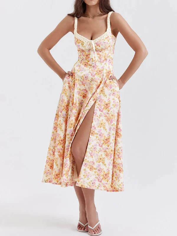 Super Price Drop Suspender Patchwork Printed Charming Lace-Up Midi Dress