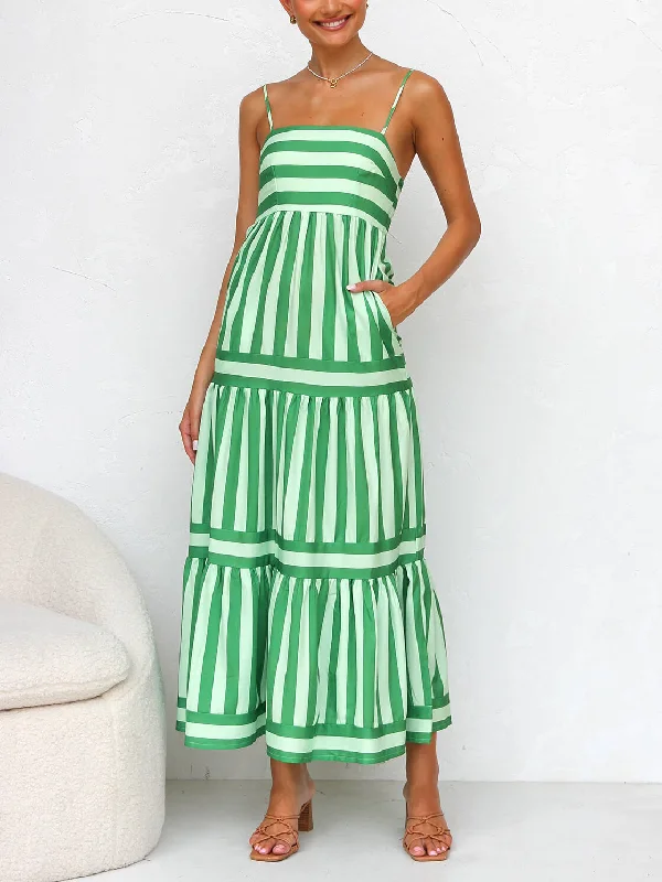 Best Prices This Week Suspender Open Back Striped Graceful Positioning Print Pocket Midi Dress