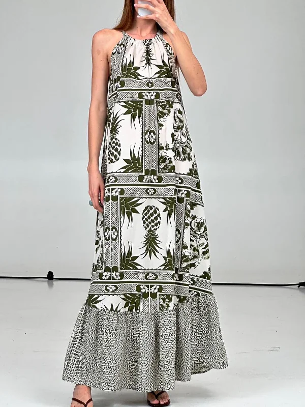 Shop & Save Now Summer Floral Print Halter Graceful Neck Loose Midi Dress