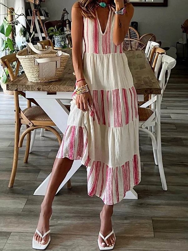 One-Stop Shop Sale Stylish Striped Printed Charming V-Neck Sleeveless Midi Dress