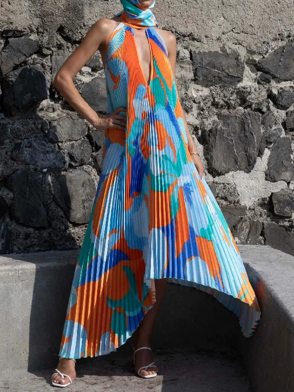 Hot Savings Alert Stylish Pleated Halterneck Charming Strappy Backless Midi Dress