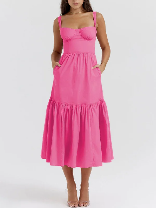 Exclusive Flash Sale Strap Solid Color Charming A-Hem Midi Dress