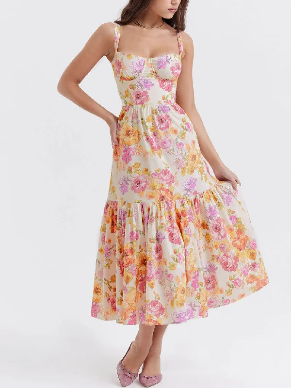 Final Clearance Strap A-Hem Stylish Floral Midi Dress