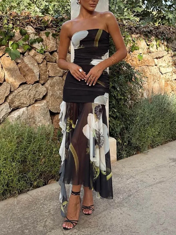 Weekend Deals Mesh Overlay Floral Print Off Trendy Shoulder Ruched Ruffles Stretch Midi Dress