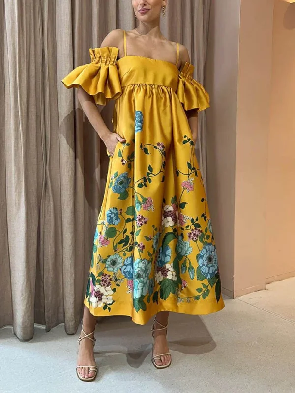 Hot Sale Items Marigold Printed Gathered Sleeve Graceful Pocketed A-Line Midi Dress