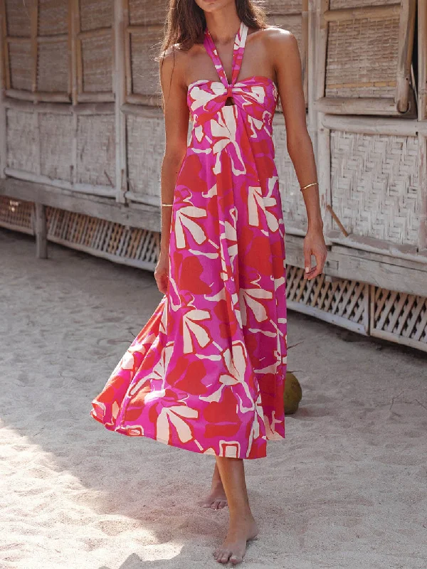 End-of-Season Sale Halterneck Print Berry Charming Lotus Midi dress