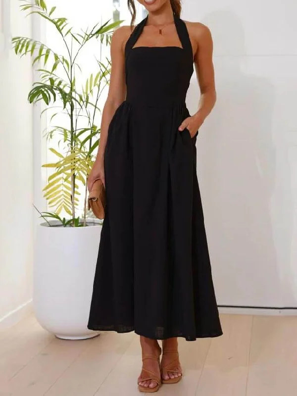 Offer of the Day Halter Neck Waist Little Graceful Black Dress Mid Length Dress