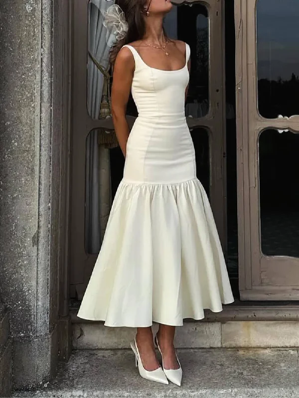 Limited Stock Graceful Square Neck Wide Graceful Strap Drop Waist Midi Dress