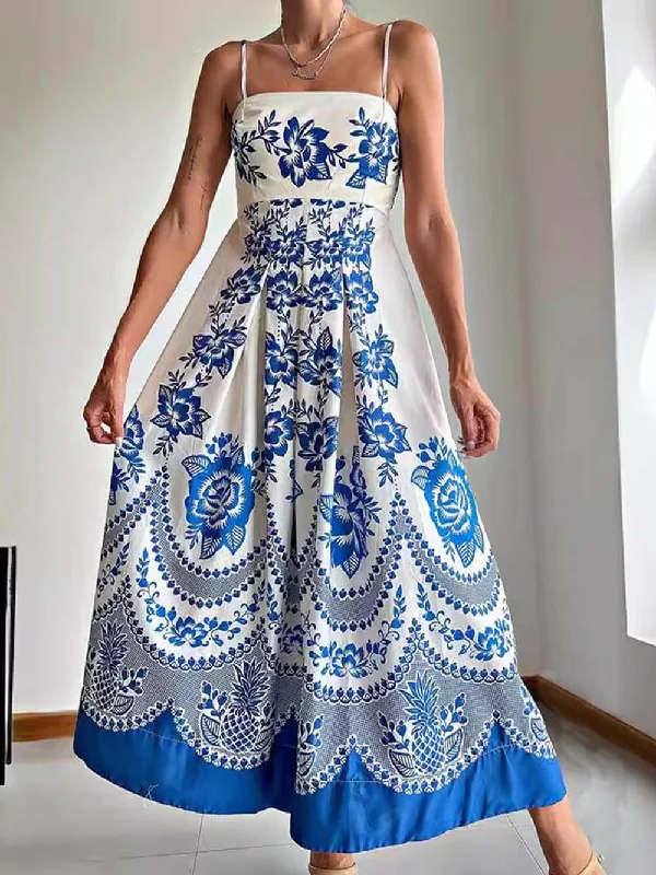Seasonal Sale Floral Ethnic Print Back Graceful Smocked Loose Midi Dress