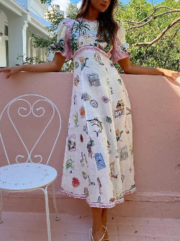 Weekend Offers and Savings Feature Printed Ethnic Style Graceful Round Neck Midi Dress