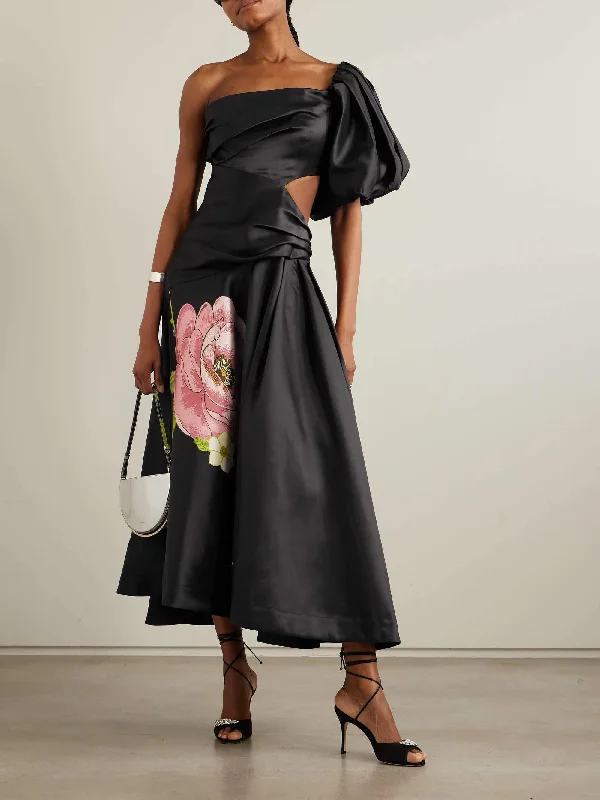 Weekend Hot Savings One Shoulder Hollow Charming Floral Print Midi Dress