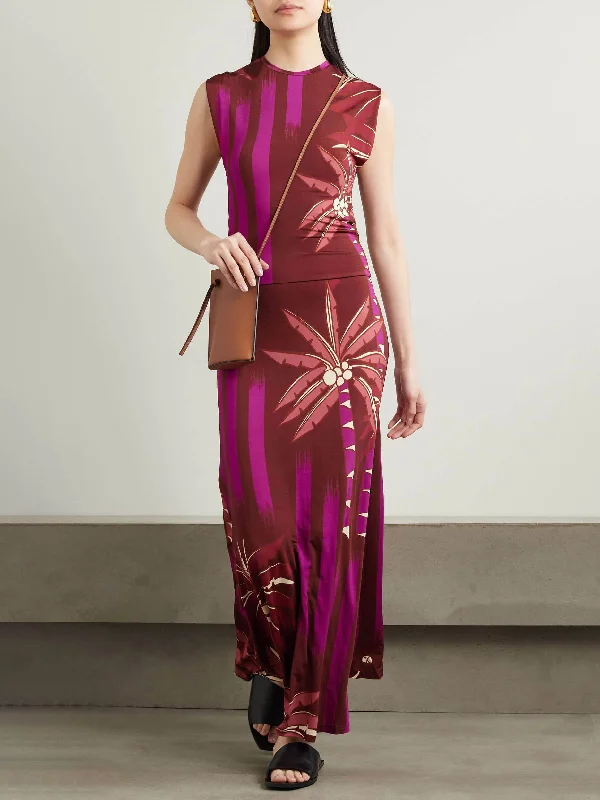 Weekend Price Slash Day Exquisite Vintage Palm Tree Graceful Print Stretch Knit Midi Dress