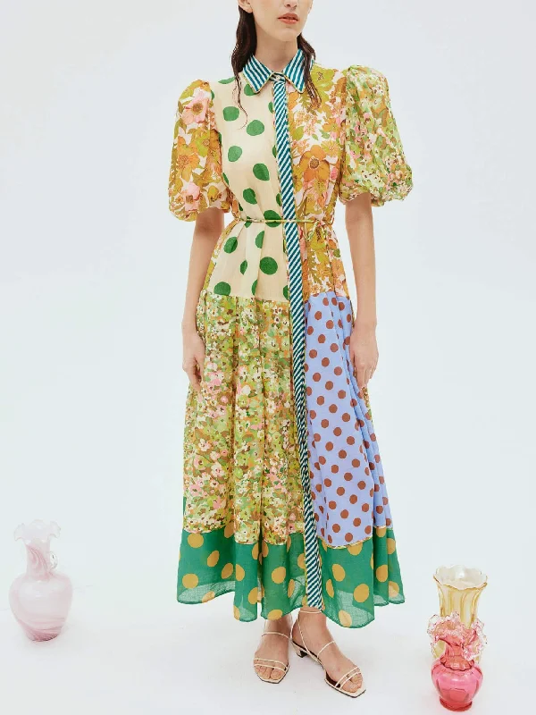 Weekend Shopping Deals Galore Exquisite Retro Floral Print Graceful Puff Sleeve Midi Dress