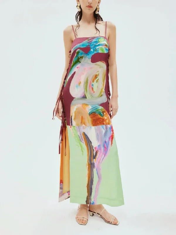 Weekend Limited-Time Offers Exquisite Art Graffiti Charming Side Lace-up Midi Dress