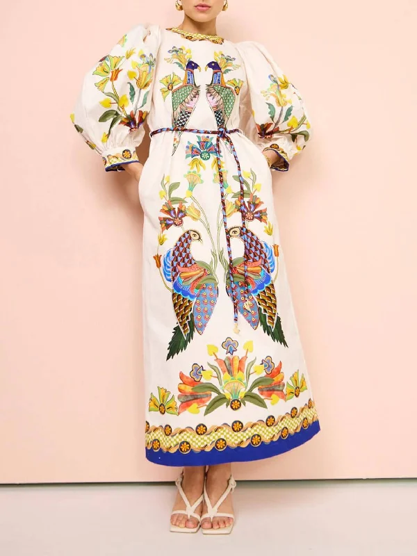 Weekend Steal of the Day Exquisite And Fun Printed Puff Trendy Sleeves Loose Casual Midi Dress