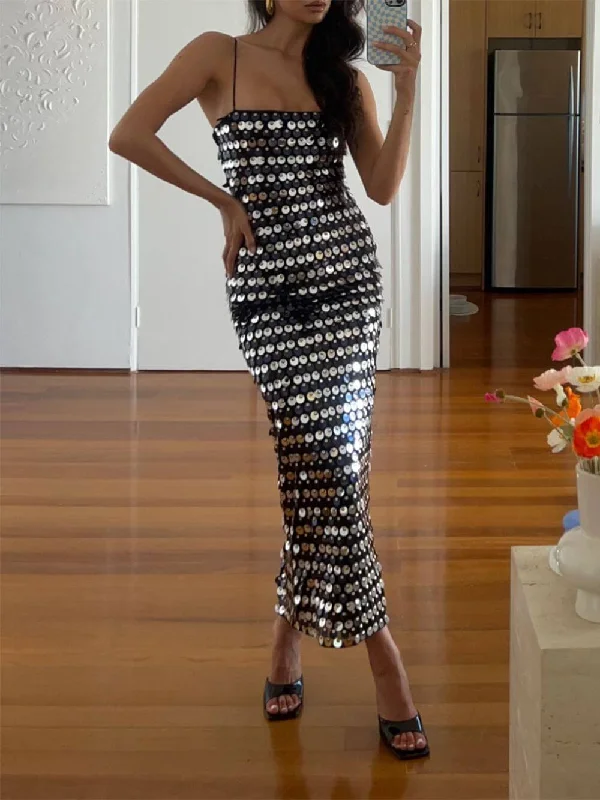 Weekend Deal Rush Silver Sequin Stylish Strap Midi Dress