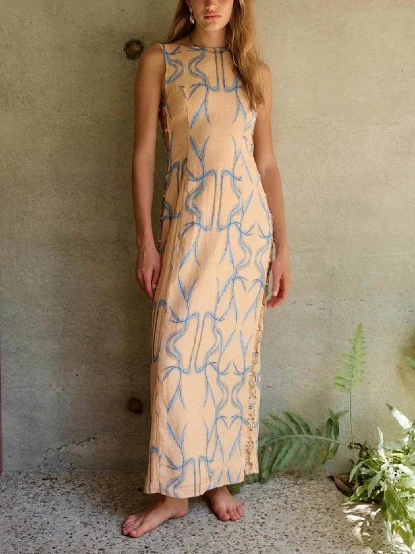 Weekend Exclusive Offers You’ll Love Signature Printed Hoop-Embellished Charming Sleeveless Midi Dress