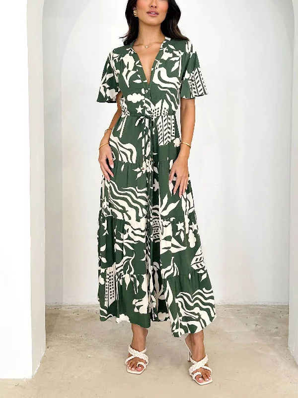 Weekend Discount Extravaganza Short Sleeve Resort Charming Print Midi Dress
