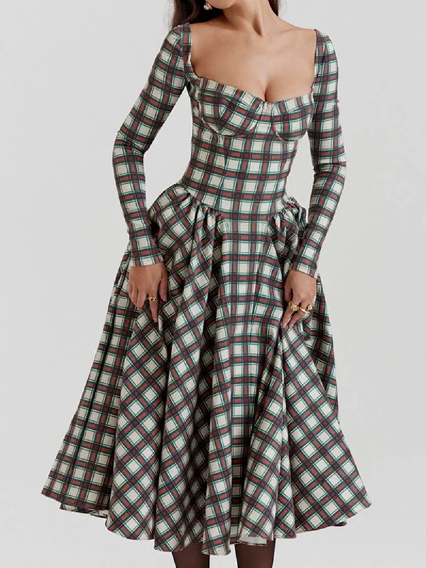 Weekend Flash Savings Red Tartan Stylish Corset Midi Dress