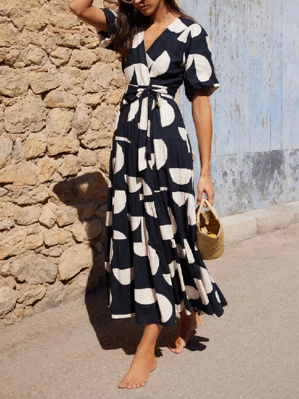 Weekend Bargain Deals Puff Sleeve V-Neck Charming Geometric Print Midi Dress