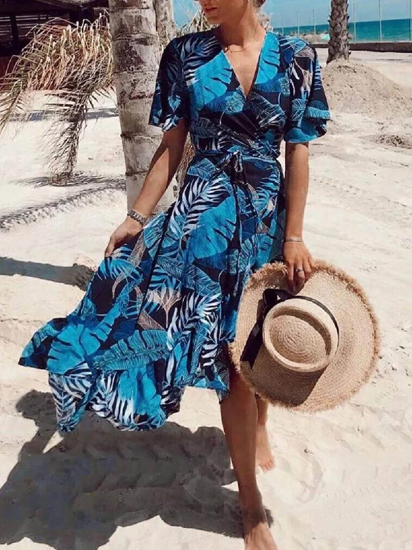 Weekend Super Sale Alert Palm Leaf Print Charming Wrap Over Midi Dress