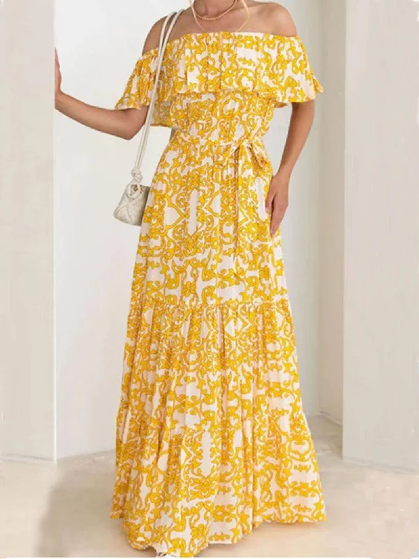 Weekend Price Drop Event One-Shoulder Short-Sleeve Printed Charming Ruffle Maxi Dress Weekend Price Drop Event One-Shoulder Short-Sleeve Printed Charming Ruffle Maxi Dress
