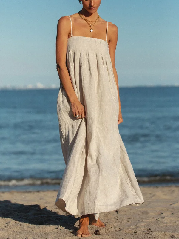 Weekend Shopping Fever Offshore Pleated Strappy Charming Linen Maxi Dress