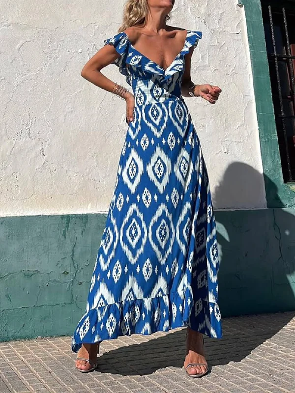 Weekend Exclusive Bargains Ethnic Print Smocked Bust Graceful Ruffle Neck Maxi Dress Weekend Exclusive Bargains Ethnic Print Smocked Bust Graceful Ruffle Neck Maxi Dress