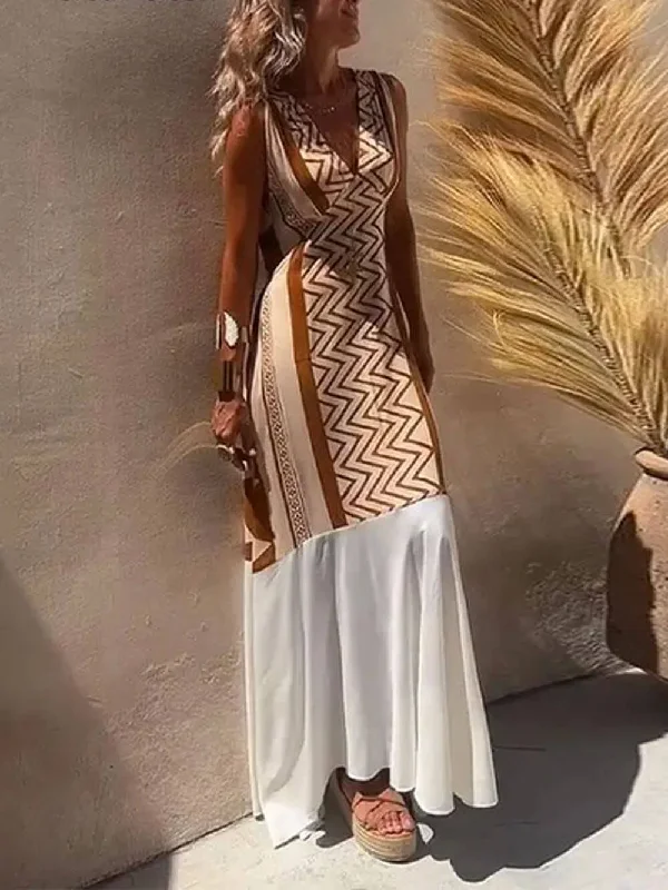 Weekend Mega Deals Ethnic Print Patchwork Charming A-line Maxi Dress