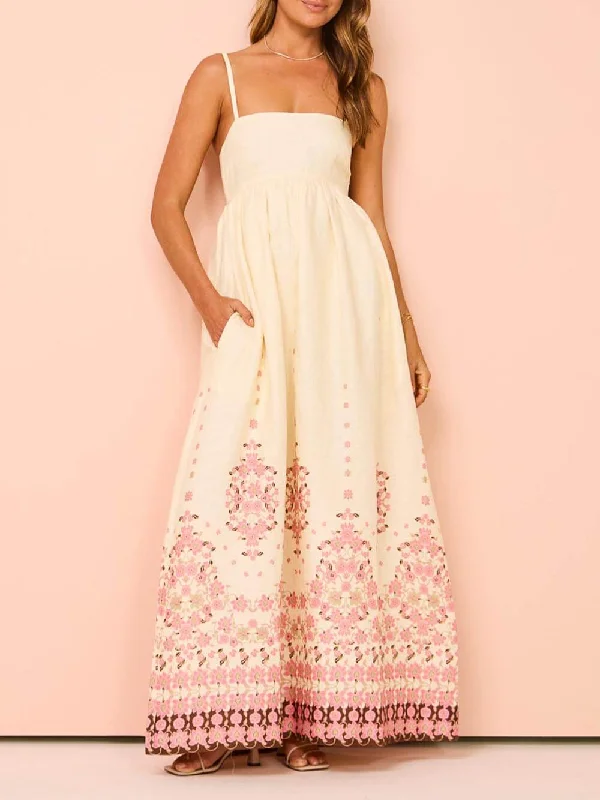 Weekend Discount Fest Ethnic Print Halter Charming Cream Extra Maxi Dress