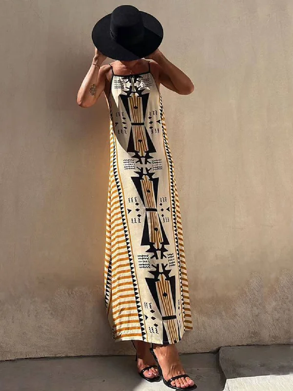 Weekend Savings Mania Ethnic Print Backless Charming A-line Maxi Dress