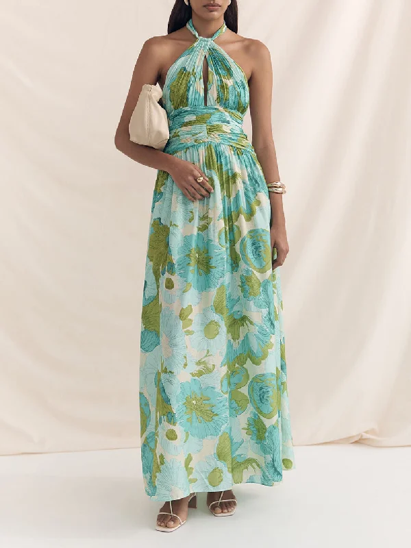 Weekend Price Drops Elegant Versatile Halter Neck Graceful Printed Pleated Maxi Dress