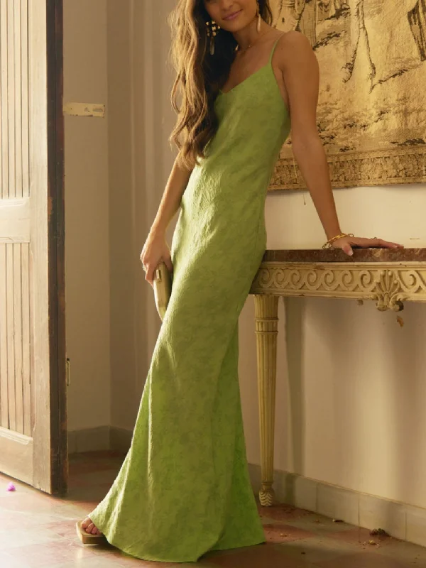 Weekend Markdown Madness Elegant Lime Green Charming Jacquard V-Neck Maxi Dress