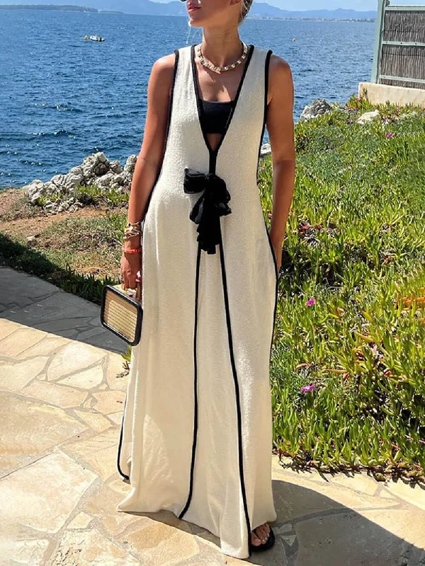 Weekend Sale Frenzy Contrast Color Self-Tie Charming Flowy Oversized Maxi Dress