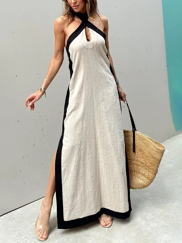 Weekend Bonanza Color Block Halter Charming Neck Slit Maxi Dress