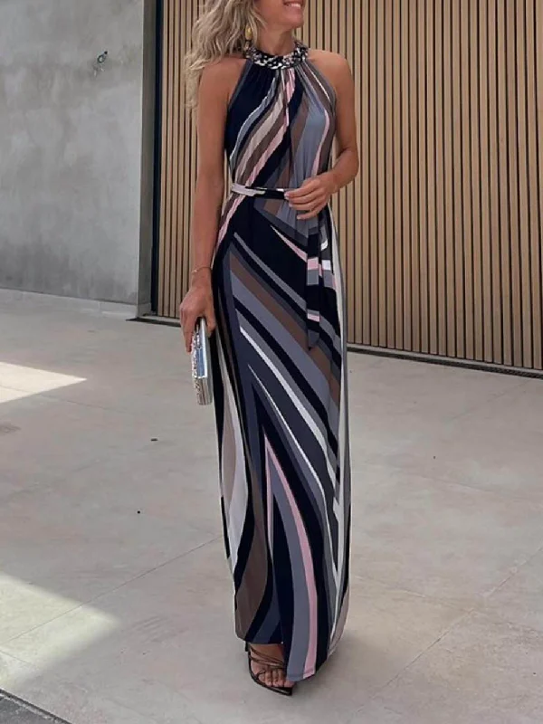 Best Prices This Week Casual Loose Halterneck Striped Graceful Gradient Print Maxi Dress