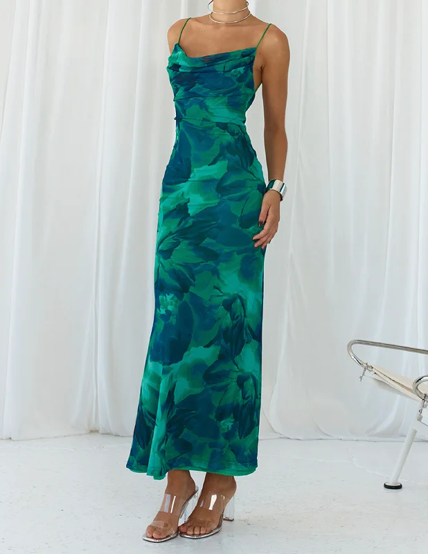 Savings Galore Calista Green Bloom Cowl Graceful Neck Slip Maxi Dress
