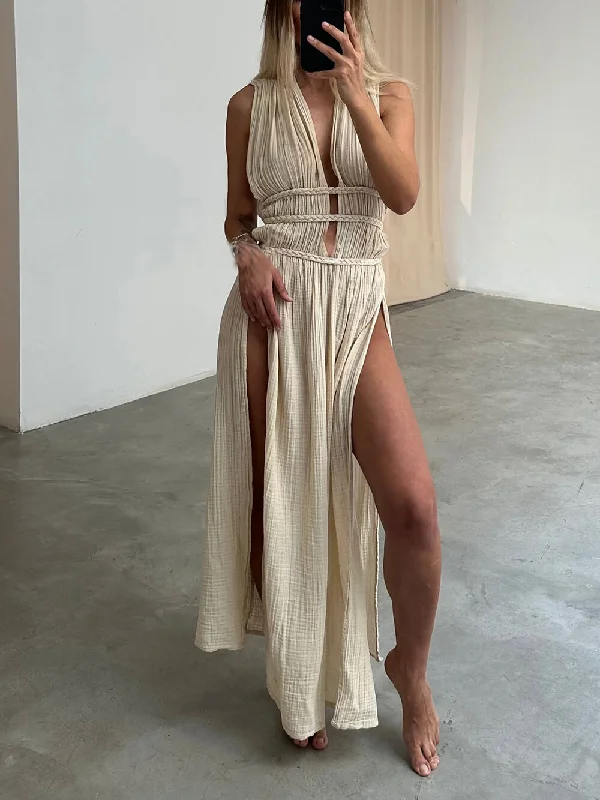 Shop & Get More Boho Braids Belt Cutout Graceful Slit Kaftan Maxi Dress
