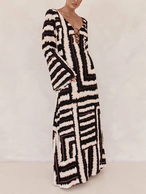 Massive Savings Event Bohemian Style Unique Printed Graceful V Tie Ring Maxi Dress