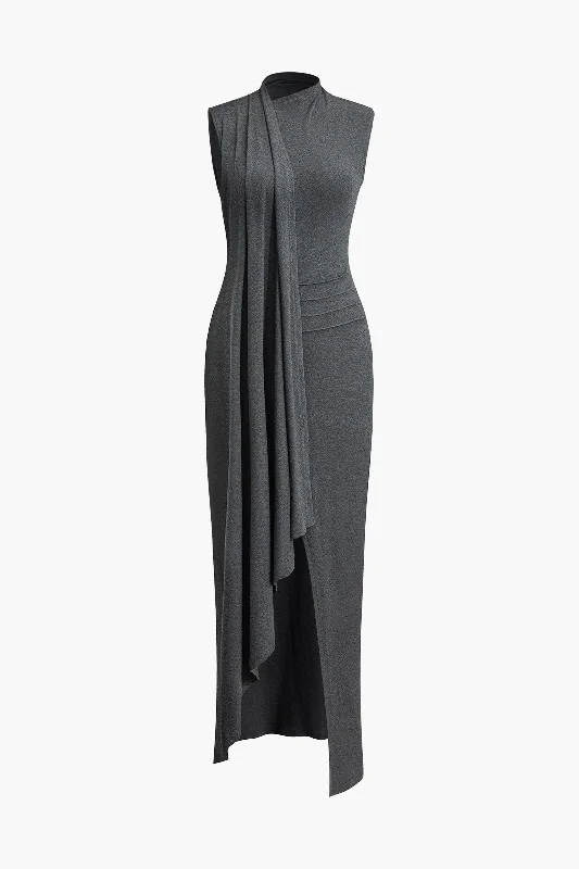 Instant Savings Wrap Slit Mock Charming Neck Sleeveless Maxi Dress