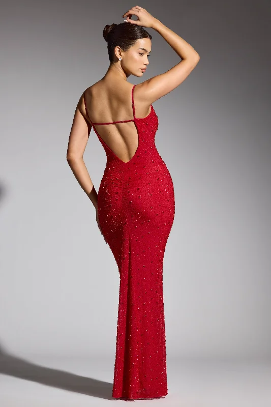 Shop Now and Save Embellished Plunge Neck Evening Gown in Red