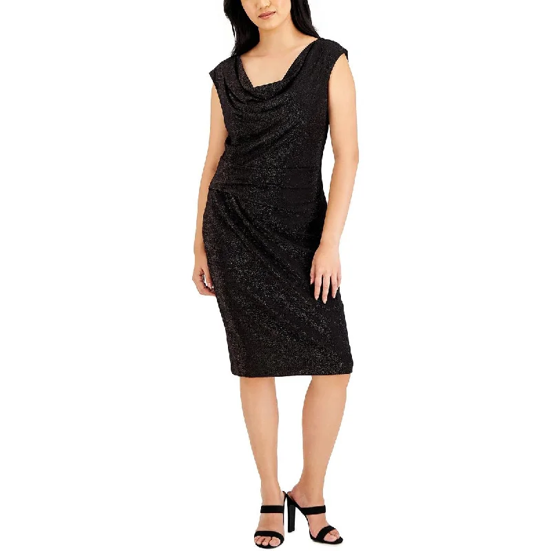 Connected Apparel Womens Metallic Cowlneck Cocktail and Party Dress