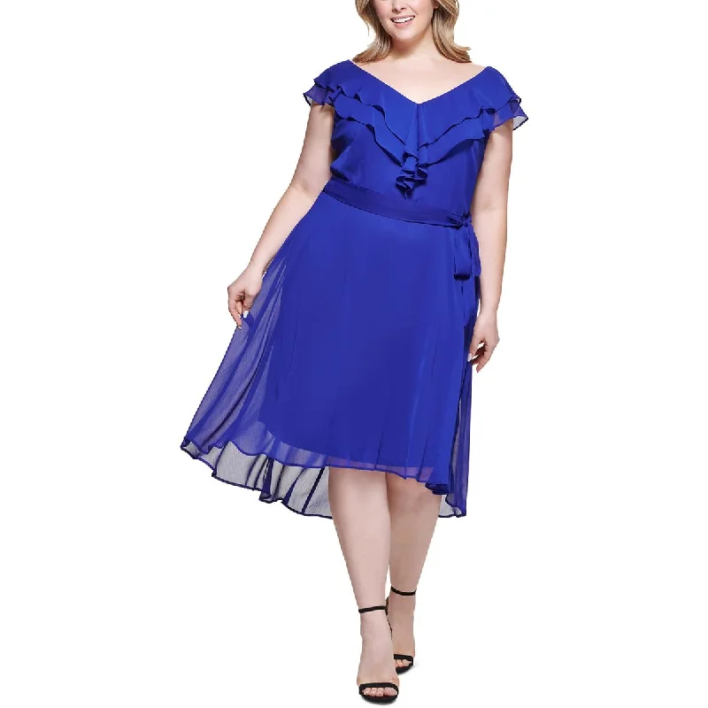 Price Slash DKNY Womens Plus Chiffon Ruffled Midi Dress