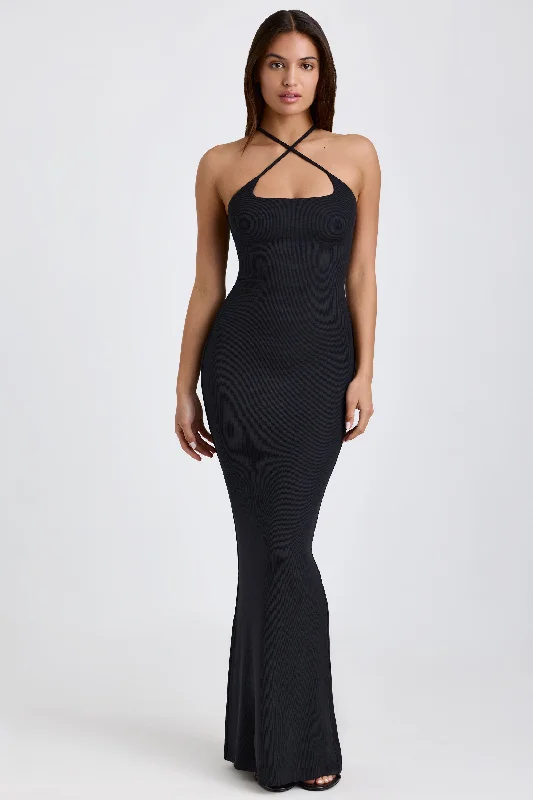 Weekend Price Slash Day Ribbed Modal Halterneck Maxi Dress in Black