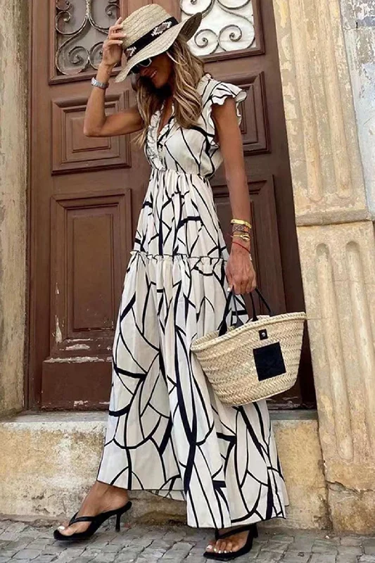 Weekend Specials Galore Geometric Print V Neck Ruffle Maxi Dress