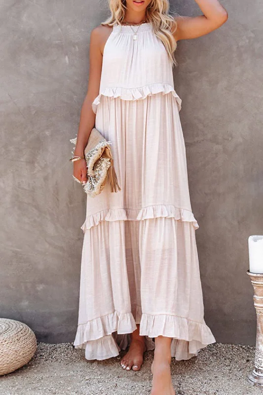Weekend Bargain Blast Halter Sleeveless Pleated Tiered Maxi Dress