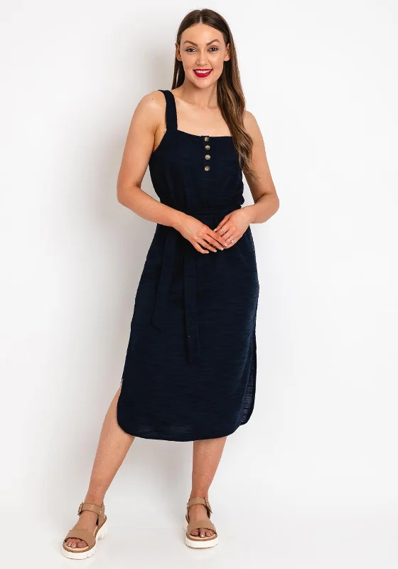 Ichi Woven Straight Midi Dress, Navy