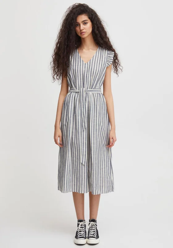 Ichi Striped Ruffle Shoulder Midi Dress, Natural